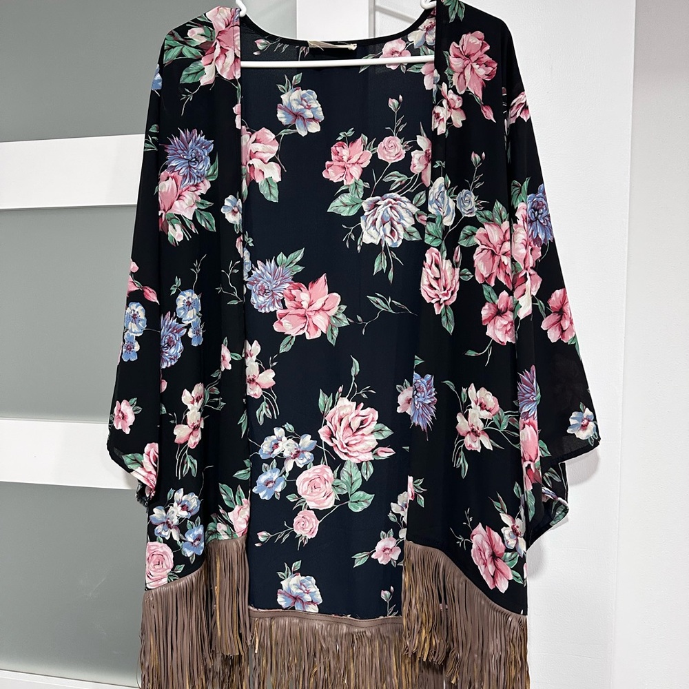 Floral Cover Up Caftan with Faux Leather Fringe